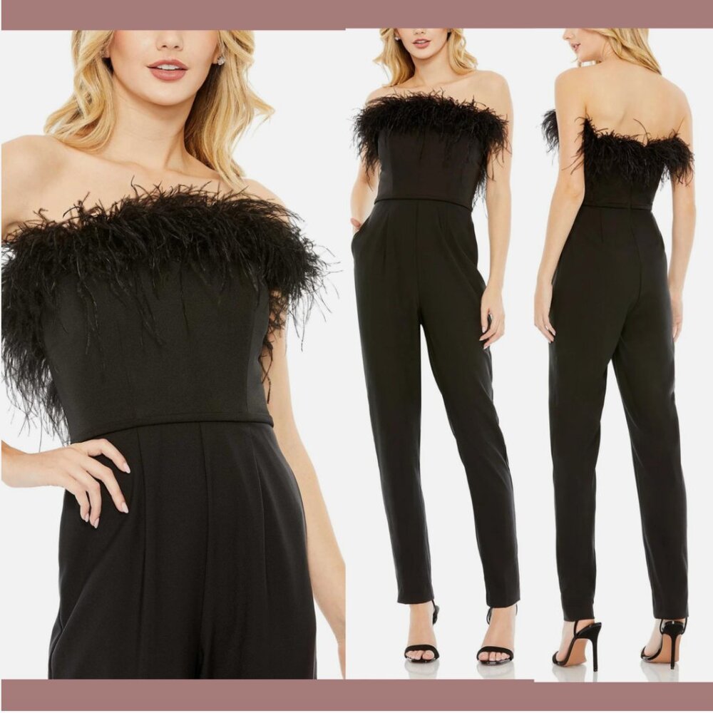 NWT $398 Mac Duggal [ 14 ] Strapless Jumpsuit with Feather Trim Black #Q758‎